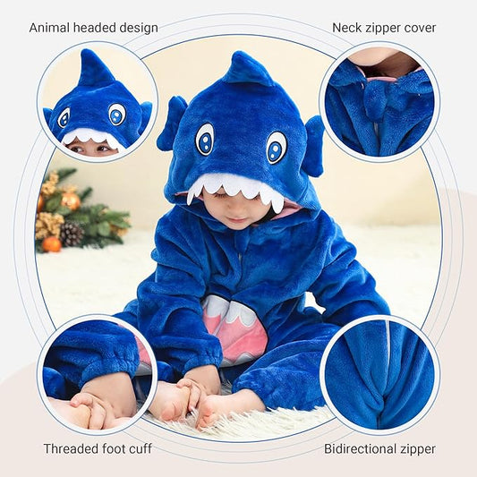MICHLEY Baby Blue Big-Toothed Shark Romper Soft Flannel Animal Costume