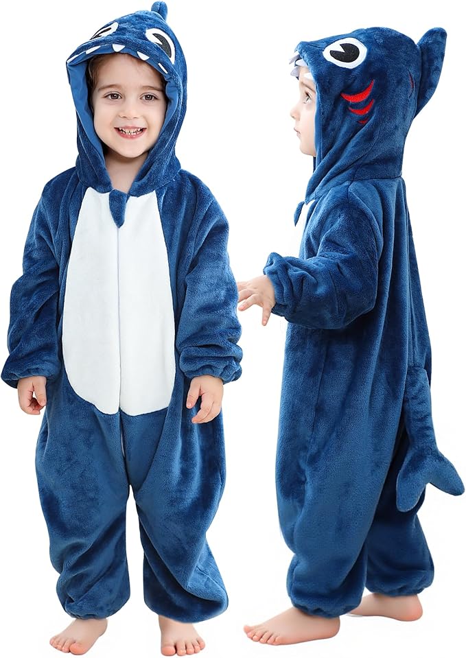 MICHLEY Baby Blue Shark Hooded Romper Flannel Animal Costume