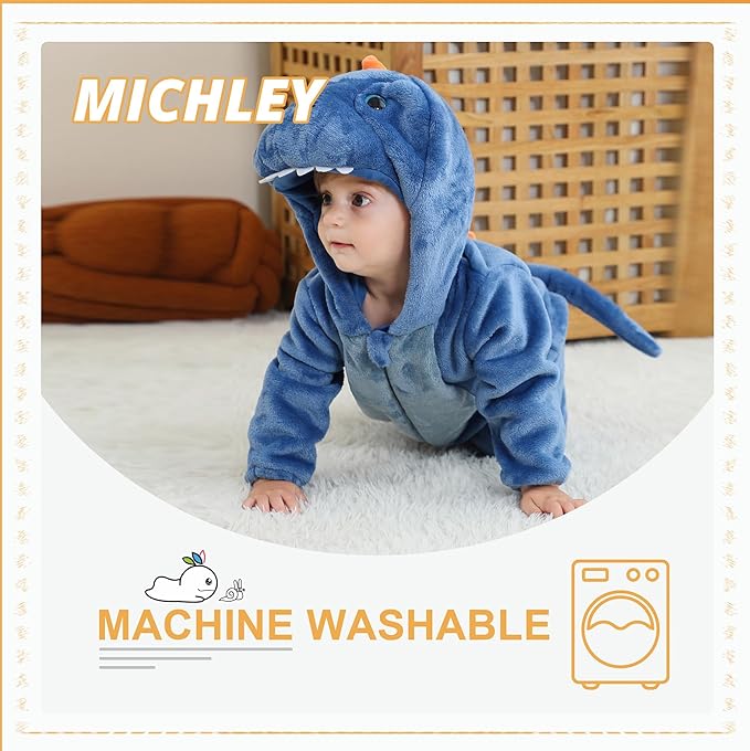 MICHLEY Blue Dinosaur Baby Costume Winter Flannel Hooded Romper