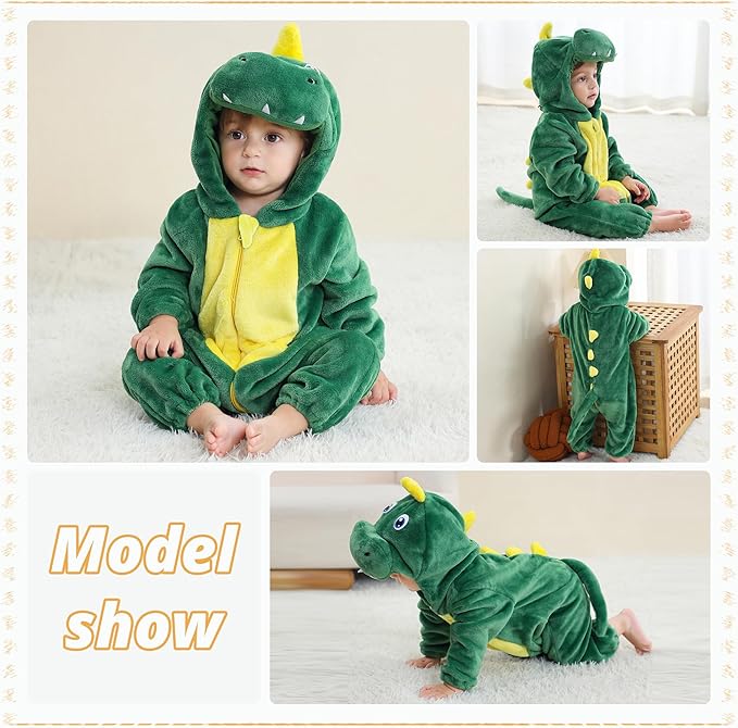 MICHLEY Green Dinosaur Baby Costume Winter Flannel Hooded Romper