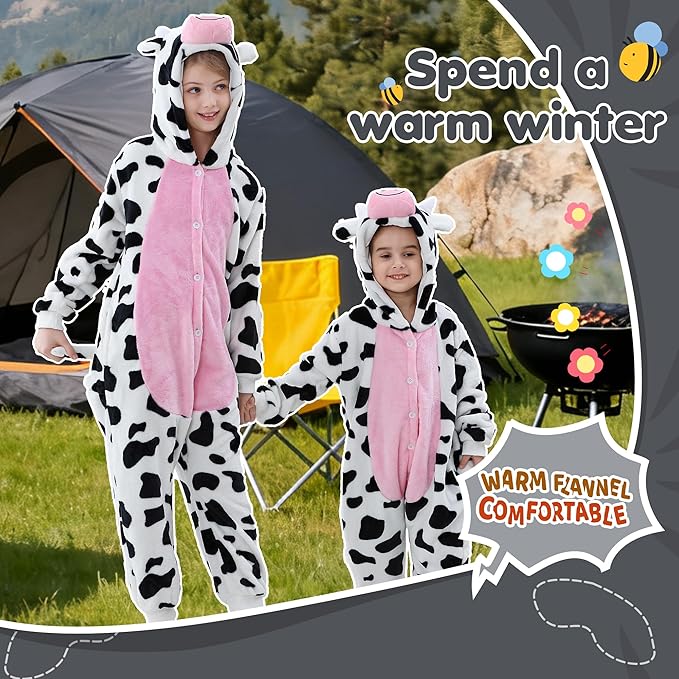 MICHLEY Kids Cow Hooded Romper Flannel Halloween Cosplay Pajamas Costume