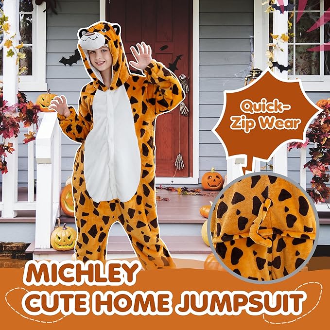 MICHLEY Kids Leopard Hooded Romper Flannel Halloween Cosplay Pajamas Costume