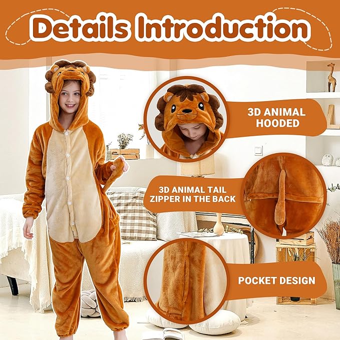 MICHLEY Kids Lion Hooded Romper Flannel Halloween Cosplay Pajamas Costume
