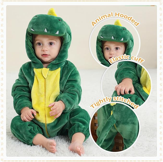 MICHLEY Green Dinosaur Baby Costume Winter Flannel Hooded Romper