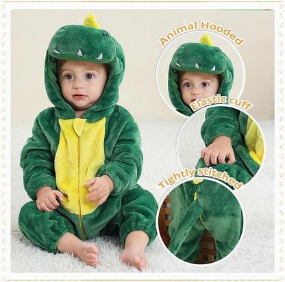 MICHLEY Green Dinosaur Baby Costume Winter Flannel Hooded Romper