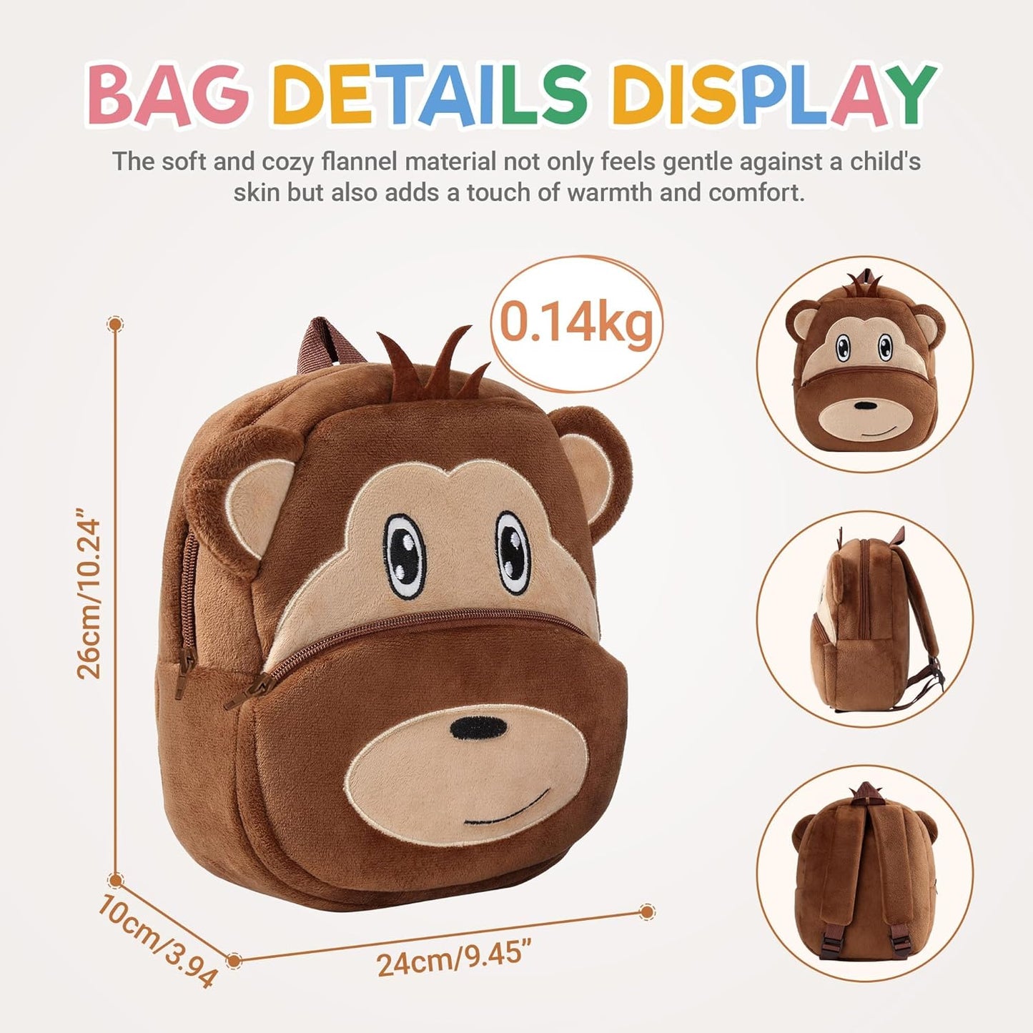 MICHLEY Kids Monkey Plush Animal Backpack Soft Kindergarten School Bag