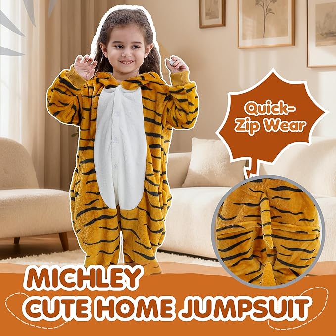 MICHLEY Kids Tiger Hooded Romper Flannel Halloween Cosplay Pajamas Costume