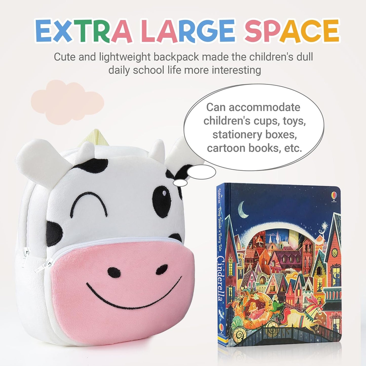 MICHLEY Kids Cow Plush Animal Backpack Soft Kindergarten School Bag