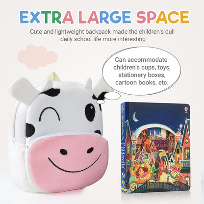 MICHLEY Kids Cow Plush Animal Backpack Soft Kindergarten School Bag