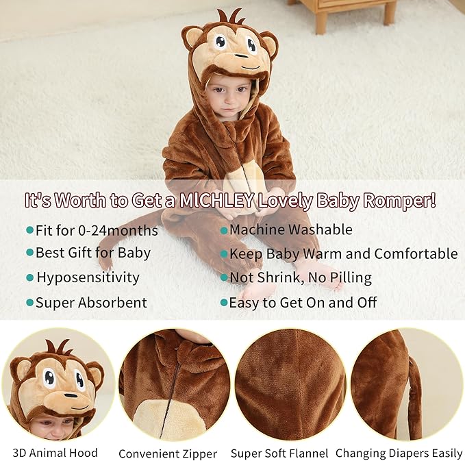 MICHLEY Baby Monkey Hooded Romper Infant Toddler Animal Costume Jumpsuit