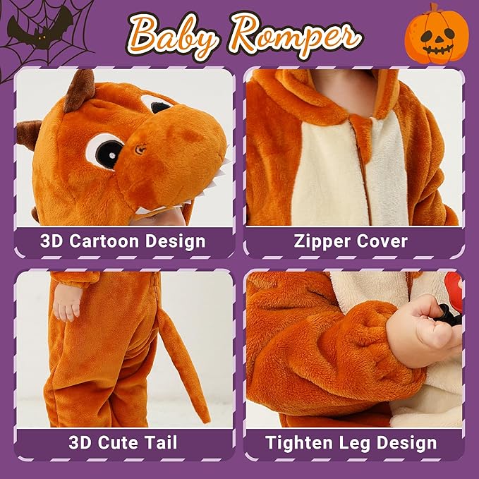 MICHLEY Orange Dragon Baby Costume Winter Flannel Hooded Romper