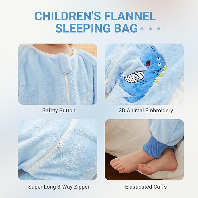 MICHLEY Blue Dinosaur Kids Sleep Bag – Flannel Toddler Pajamas for Play & Cozy Nights