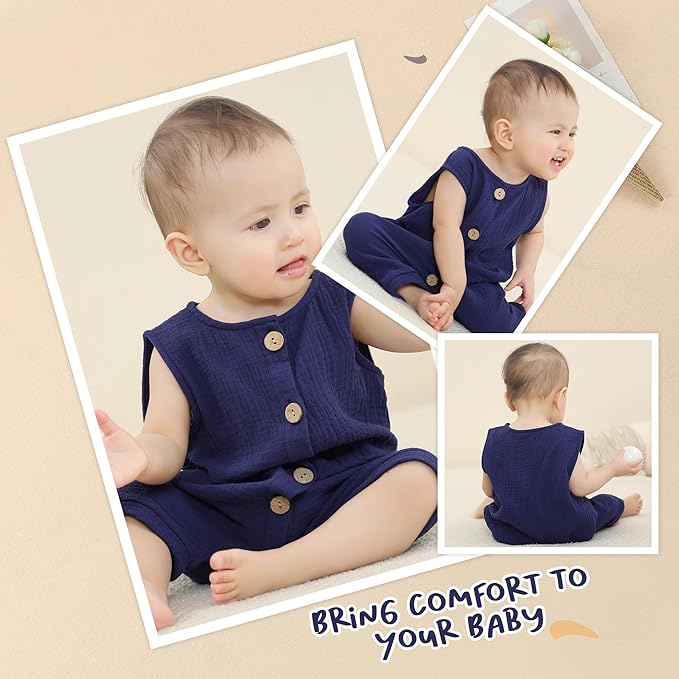 MICHLEY Baby Sleeveless Summer Cotton Romper Unisex Toddler Jumpsuit (Dark Blue)