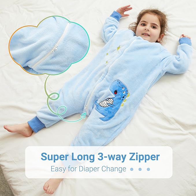 MICHLEY Blue Dinosaur Kids Sleep Bag – Flannel Toddler Pajamas for Play & Cozy Nights