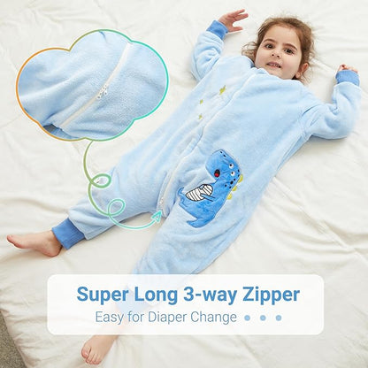 MICHLEY Blue Dinosaur Kids Sleep Bag – Flannel Toddler Pajamas for Play & Cozy Nights