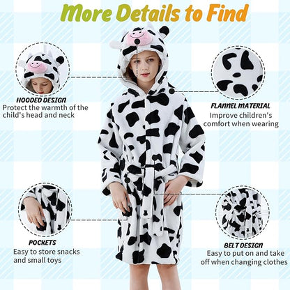 MICHLEY Kids Cow Hooded Bathrobe Soft Flannel Animal Sleepwear