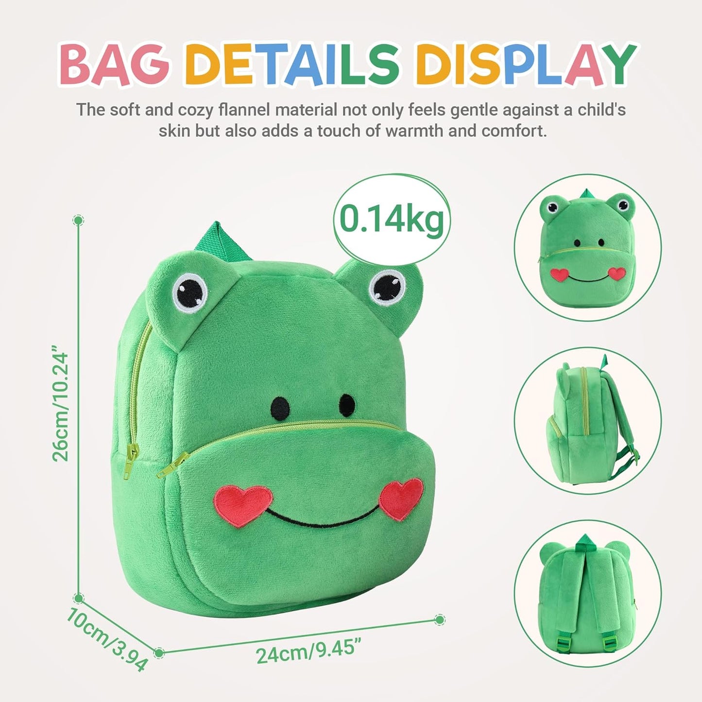 MICHLEY Kids Green Frog Plush Animal Backpack Soft Kindergarten School Bag