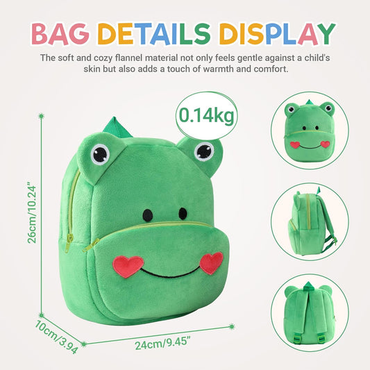 MICHLEY Kids Green Frog Plush Animal Backpack Soft Kindergarten School Bag