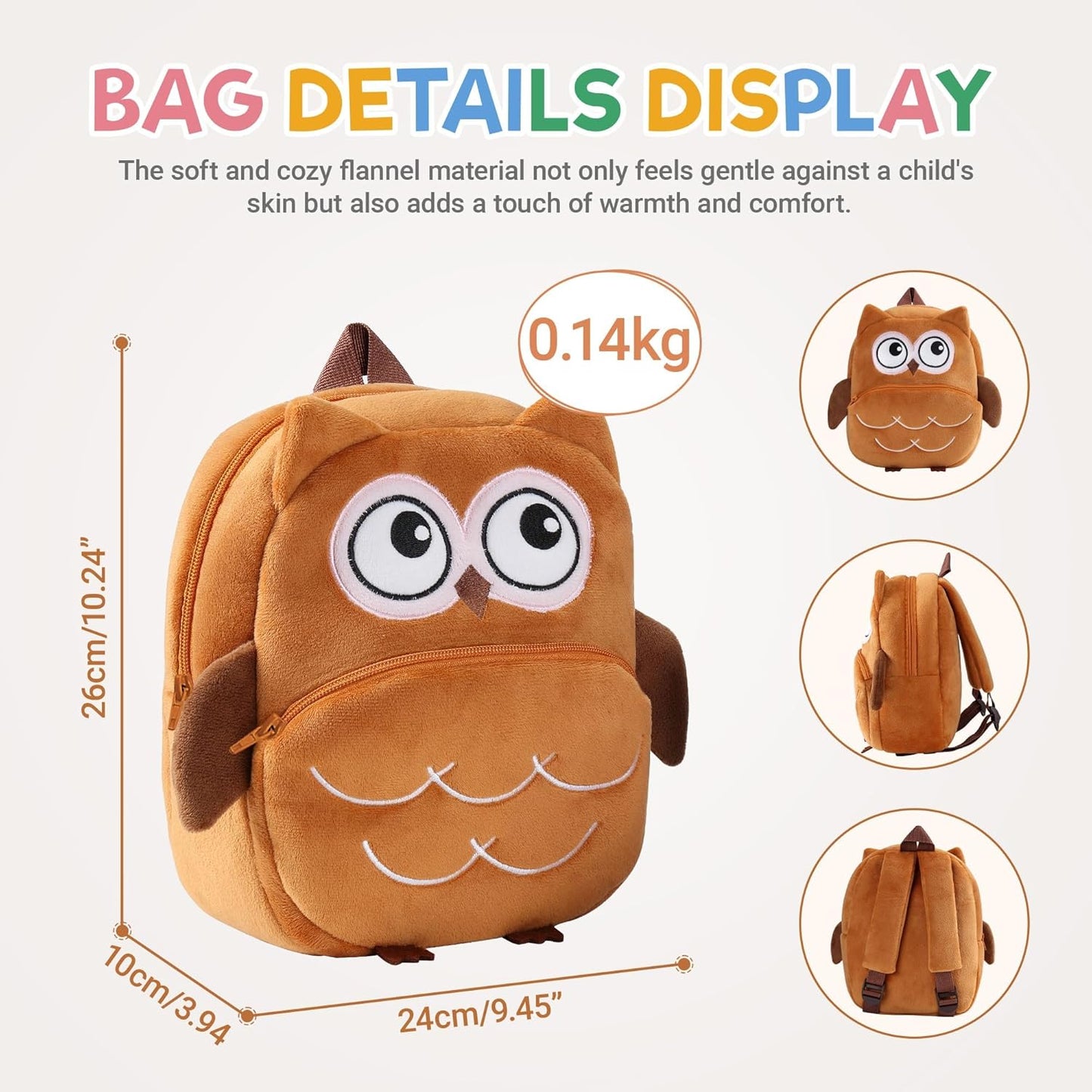 MICHLEY Kids Owl Plush Animal Backpack Soft Kindergarten School Bag