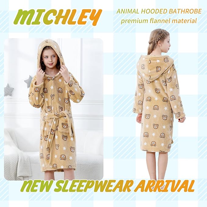 MICHLEY Kids Yellow Bear Hooded Bathrobe Soft Flannel Animal Sleepwear