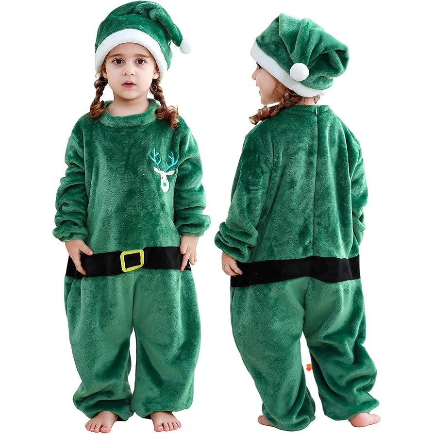 MICHLEY Baby Green Reindeer Flannel Romper with Separate Christmas Hat Outfit Set