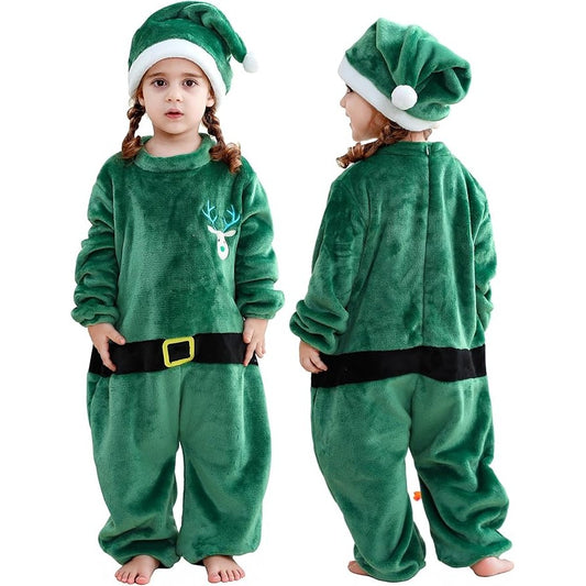 MICHLEY Baby Green Reindeer Flannel Romper with Separate Christmas Hat Outfit Set