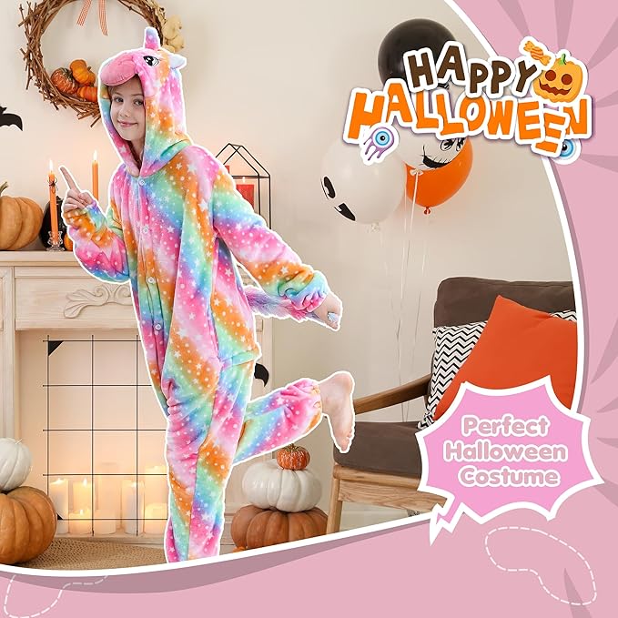 MICHLEY Kids Rainbow Unicorn Star Print Flannel Halloween Cosplay Pajamas