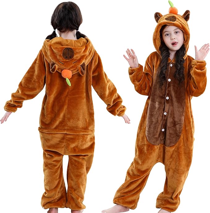 MICHLEY Kids Brown Capybara Hooded Romper Flannel Halloween Cosplay Pajamas