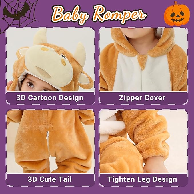 MICHLEY Yellow Bull Baby Costume Winter Flannel Hooded Romper