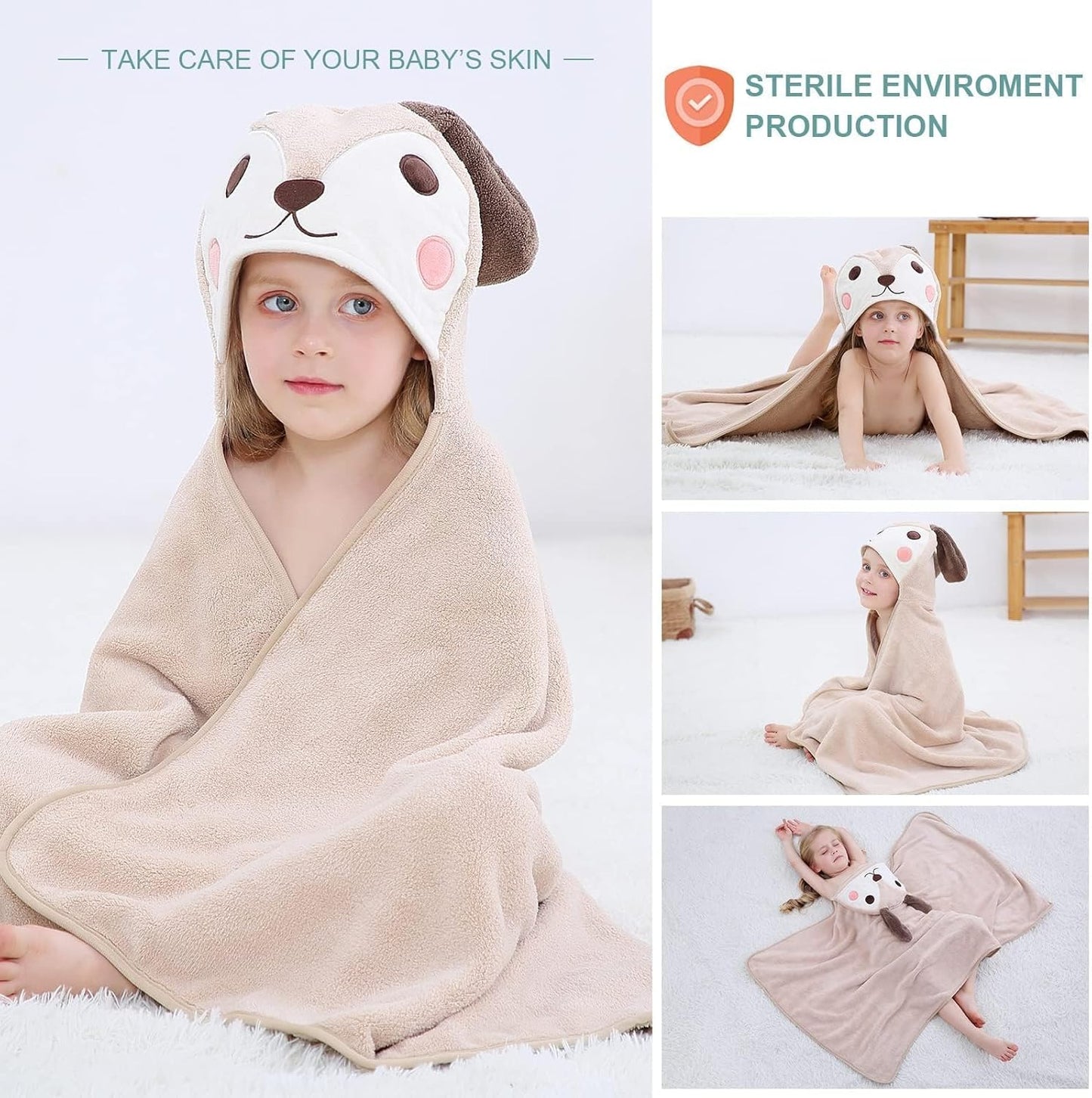 MICHLEY Light Brown Dog Hooded Baby Towel Soft Cotton Swim Robe 31.5"x53"