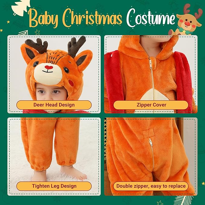 MICHLEY Reindeer Baby Costume Winter Flannel Hooded Romper