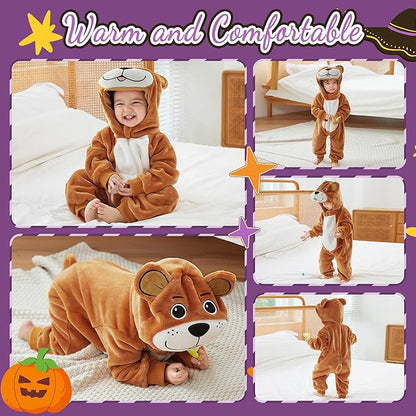 MICHLEY Baby Brown Bear Costume Winter Flannel Hooded Jumpsuit