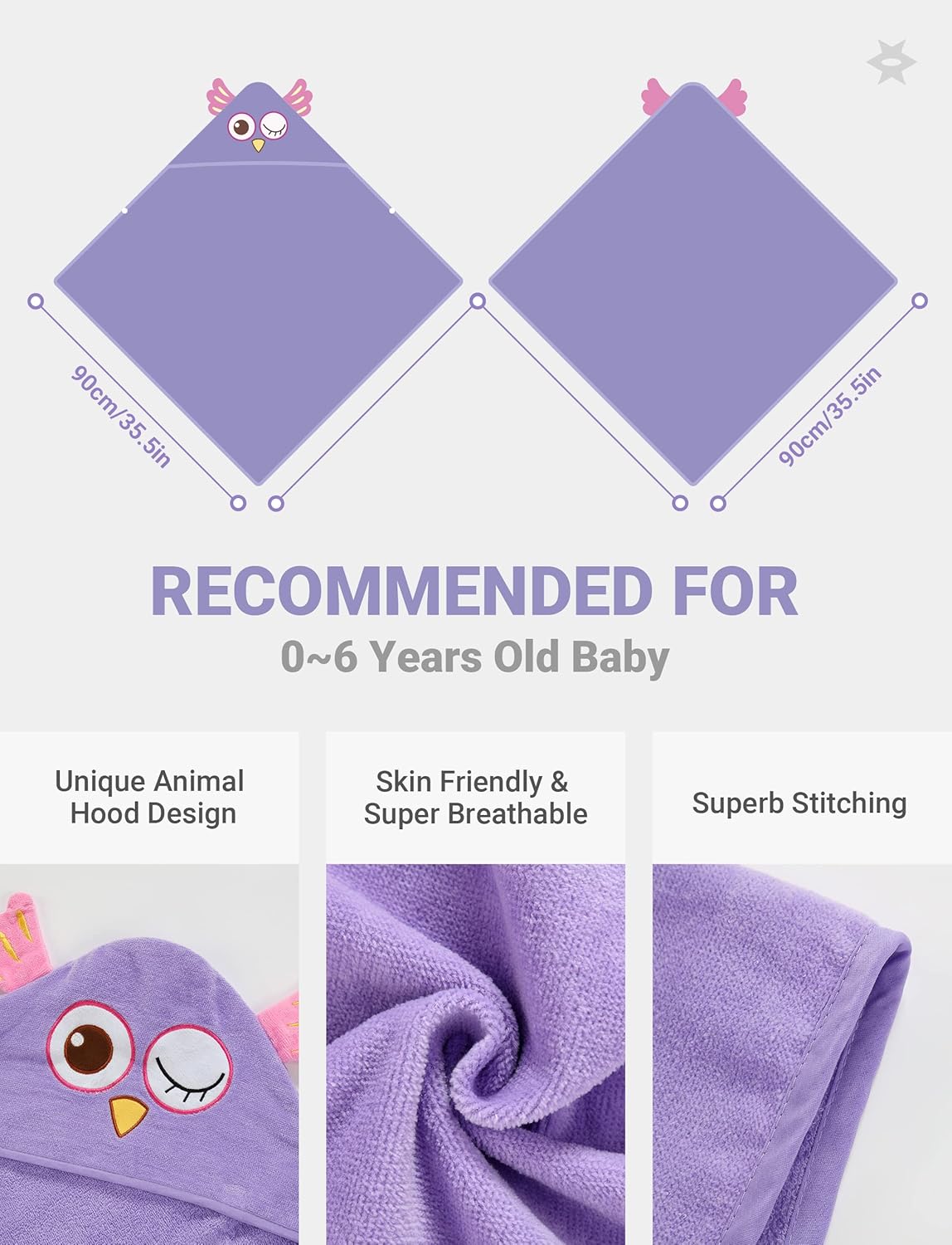 MICHLEY Baby Purple Owl Hooded Bathrobe Soft Cotton Towel Robe
