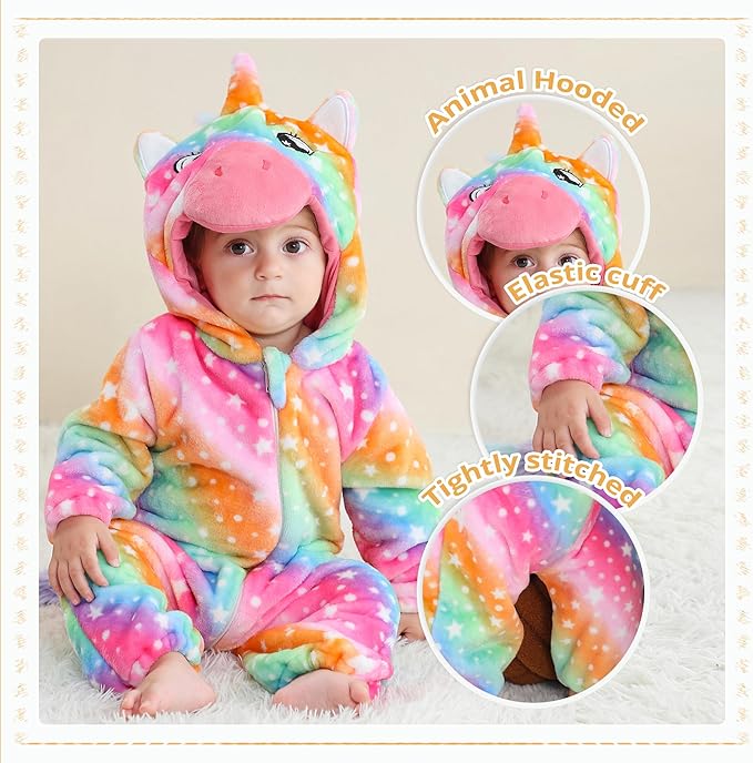 MICHLEY Rainbow Unicorn Baby Costume Winter Flannel Hooded Romper