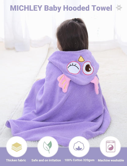 MICHLEY Baby Purple Owl Hooded Bathrobe Soft Cotton Towel Robe