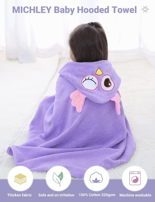 MICHLEY Baby Purple Owl Hooded Bathrobe Soft Cotton Towel Robe