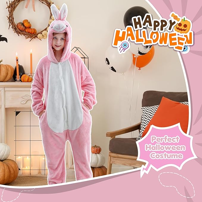 MICHLEY Kids Pink Bunny Hooded Romper Flannel Halloween Cosplay Pajamas Costume