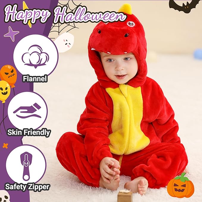 MICHLEY Red Dinosaur Baby Costume Winter Flannel Hooded Romper
