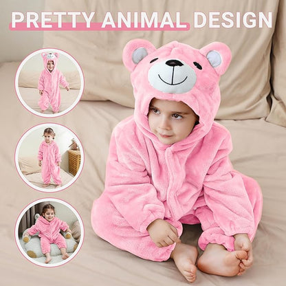MICHLEY Baby Adorable Pink Bear Hooded Romper Soft Flannel Animal Costume