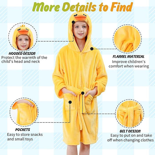 MICHLEY Kids Yellow Duck Hooded Bathrobe Soft Flannel Animal Sleepwear