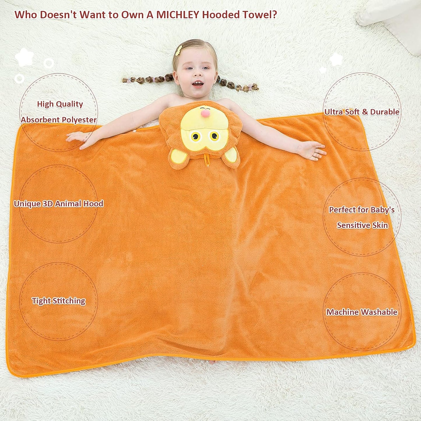 MICHLEY Monkey Hooded Baby Towel Soft Cotton Kids Swim Robe 27.5"x47"