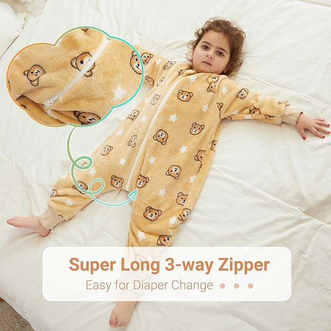 MICHLEY Kids Brown Bear Sleep Sack – Flannel Teddy Bear Pajamas with Legs