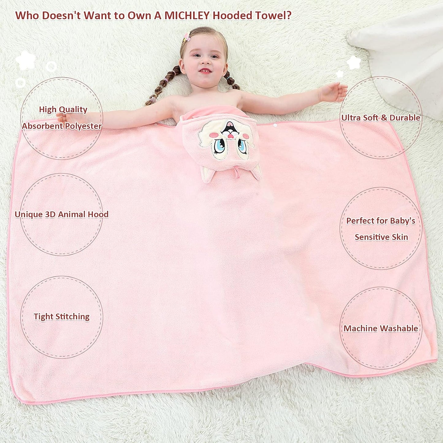 MICHLEY Pink Fox Hooded Baby Towel Soft Cotton Kids Swim Robe 27.5"x47"