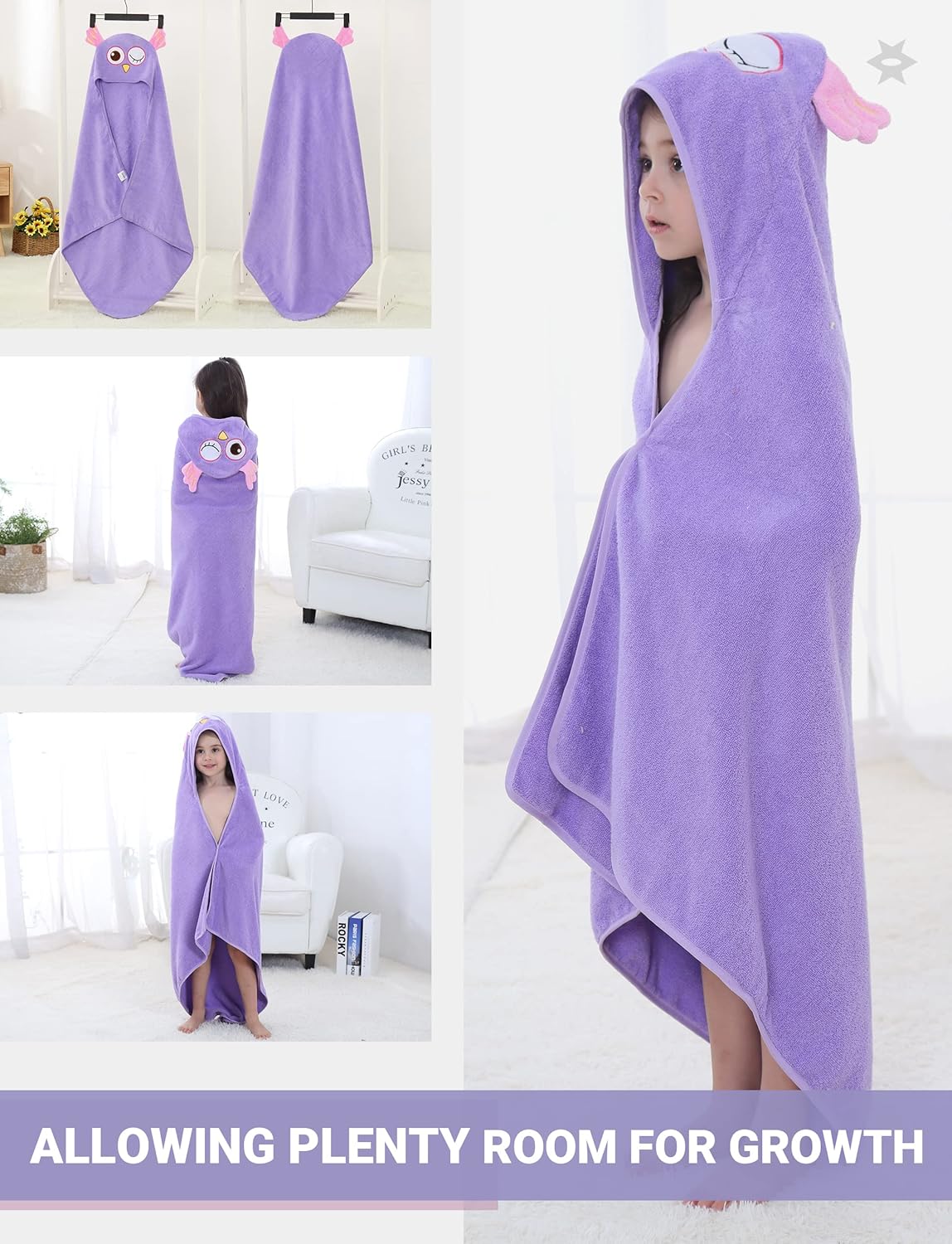 MICHLEY Baby Purple Owl Hooded Bathrobe Soft Cotton Towel Robe