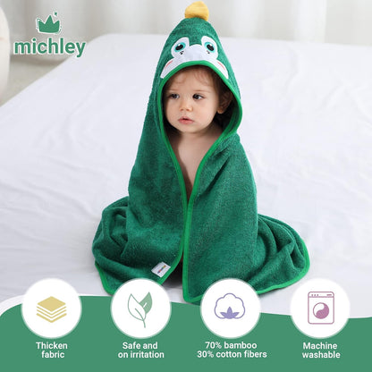 MICHLEY Green Dinosaur Bamboo Viscose Baby Hooded Towel Ultra-Soft 29.5"x29.5"
