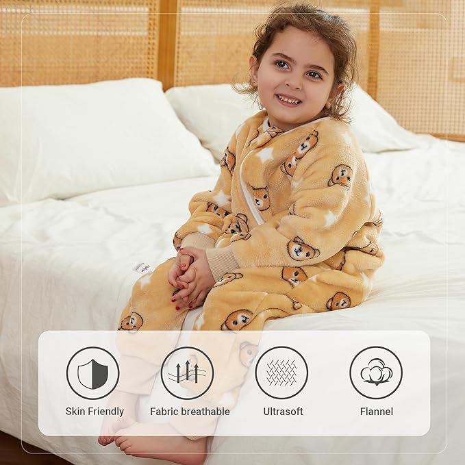 MICHLEY Kids Brown Bear Sleep Sack – Flannel Teddy Bear Pajamas with Legs