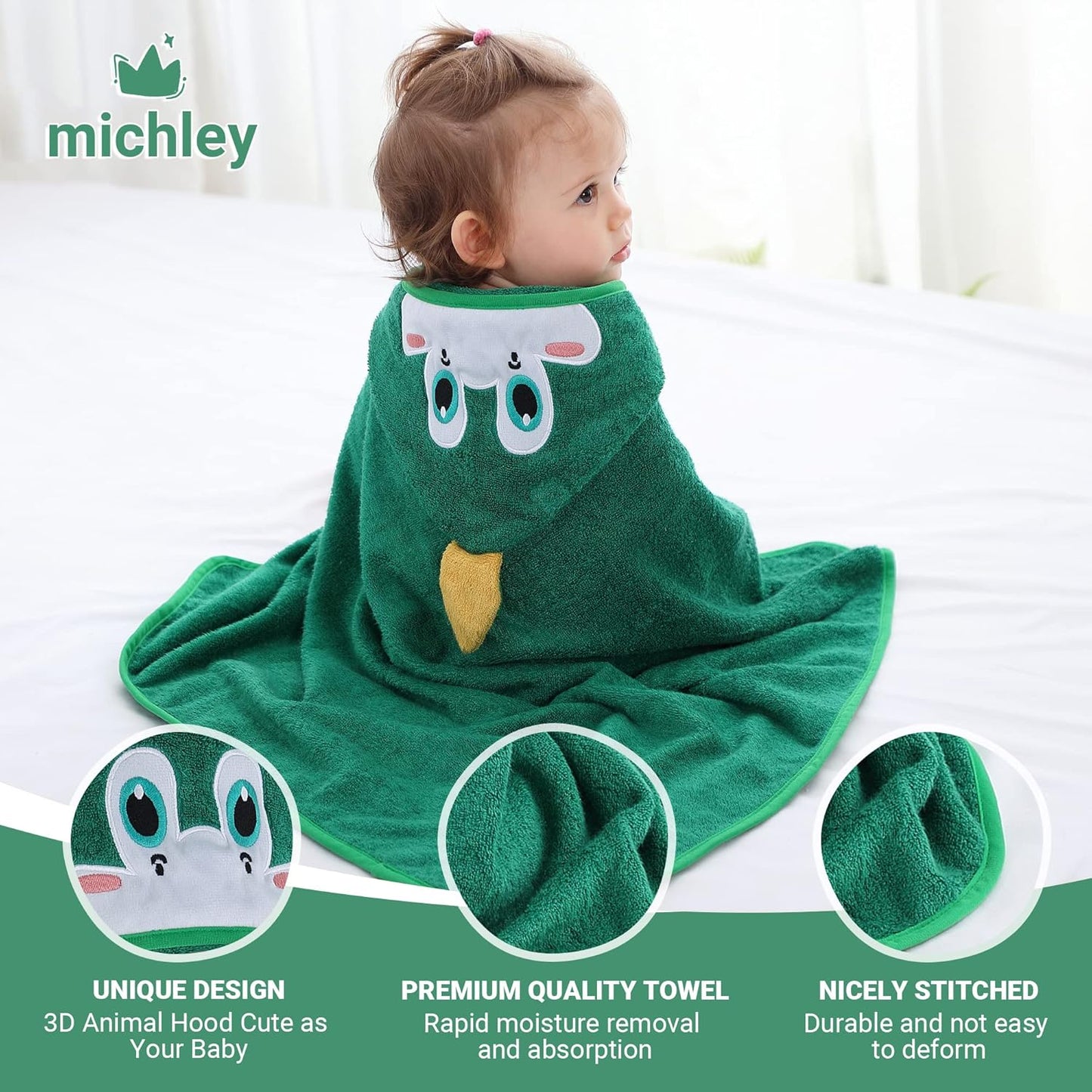 MICHLEY Green Dinosaur Bamboo Viscose Baby Hooded Towel Ultra-Soft 29.5"x29.5"