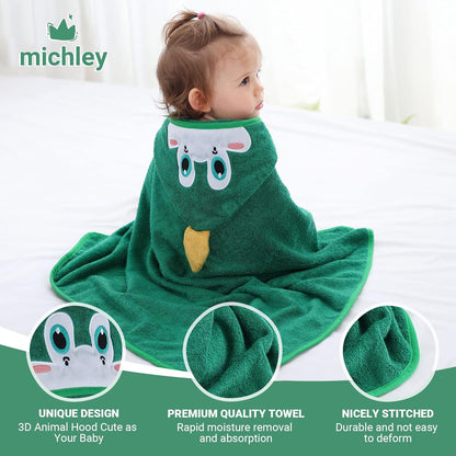 MICHLEY Green Dinosaur Bamboo Viscose Baby Hooded Towel Ultra-Soft 29.5"x29.5"