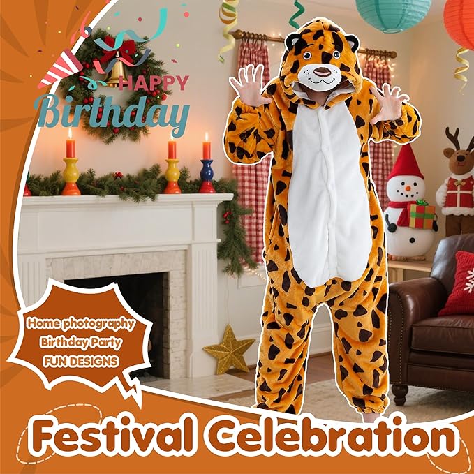 MICHLEY Kids Leopard Hooded Romper Flannel Halloween Cosplay Pajamas Costume