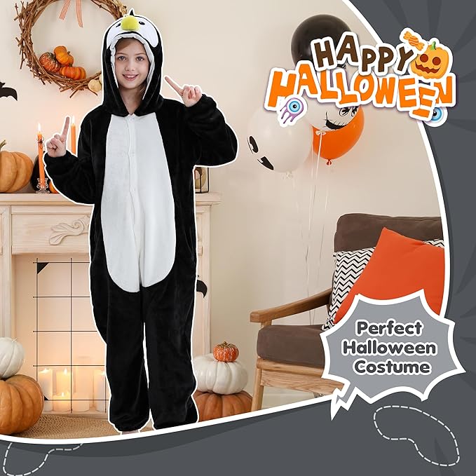 MICHLEY Kids Penguin Hooded Romper Flannel Halloween Cosplay Pajamas Costume